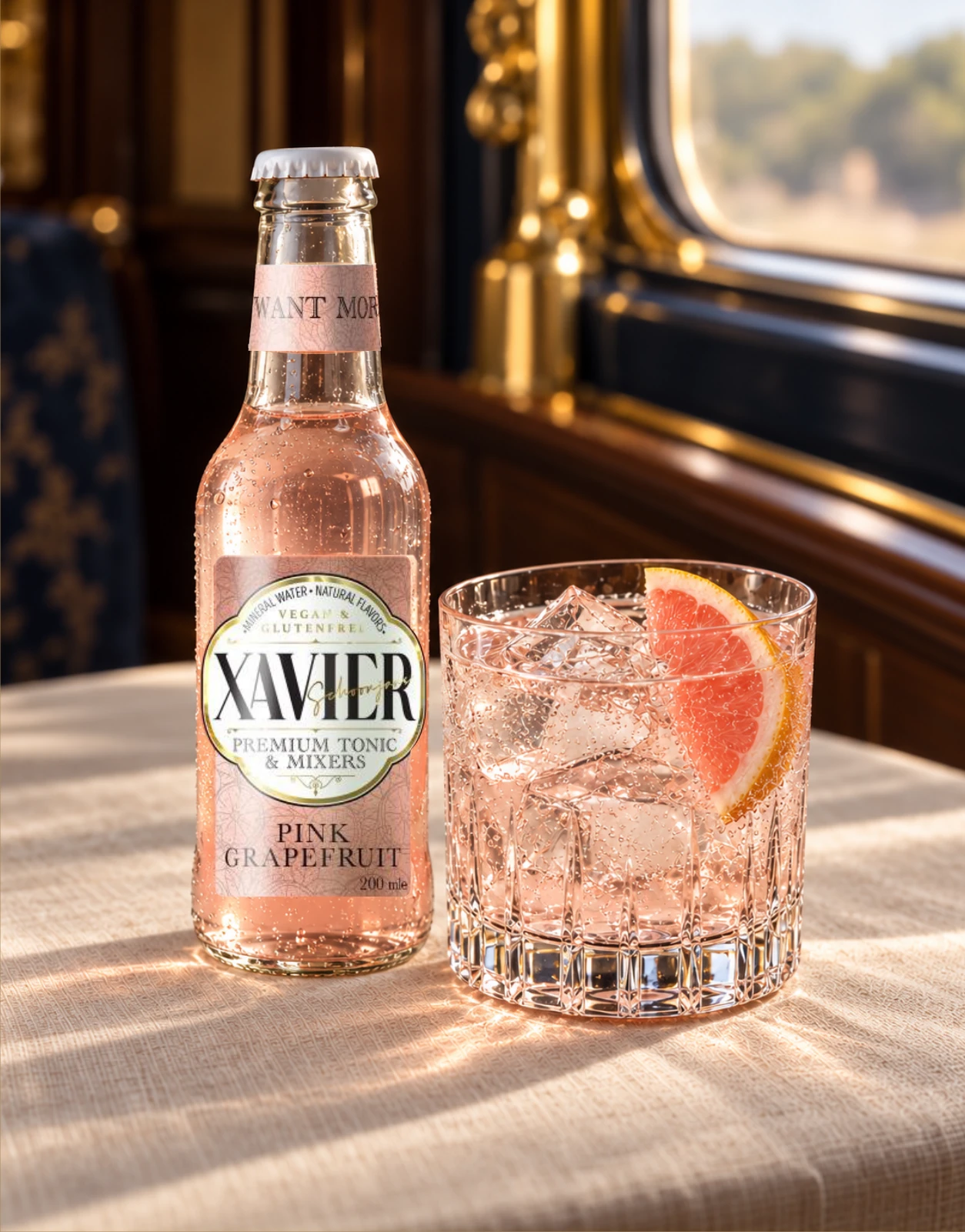 XAVIER Pink Grapefruit mixer şişesi ve greyfurt dilimli kristal bardak