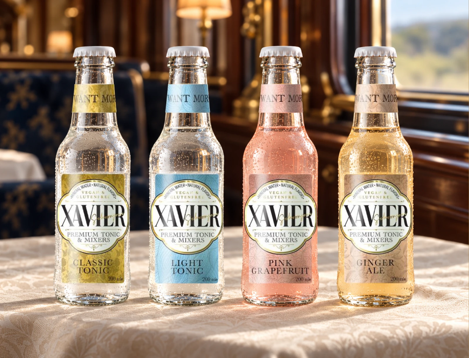 Tren masasındaki XAVIER Ginger Ale Mixer şişesi